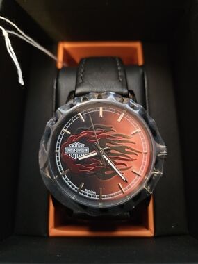 Harley-Davidson Men's Black Leather Watch with Red Flame Dial Accent